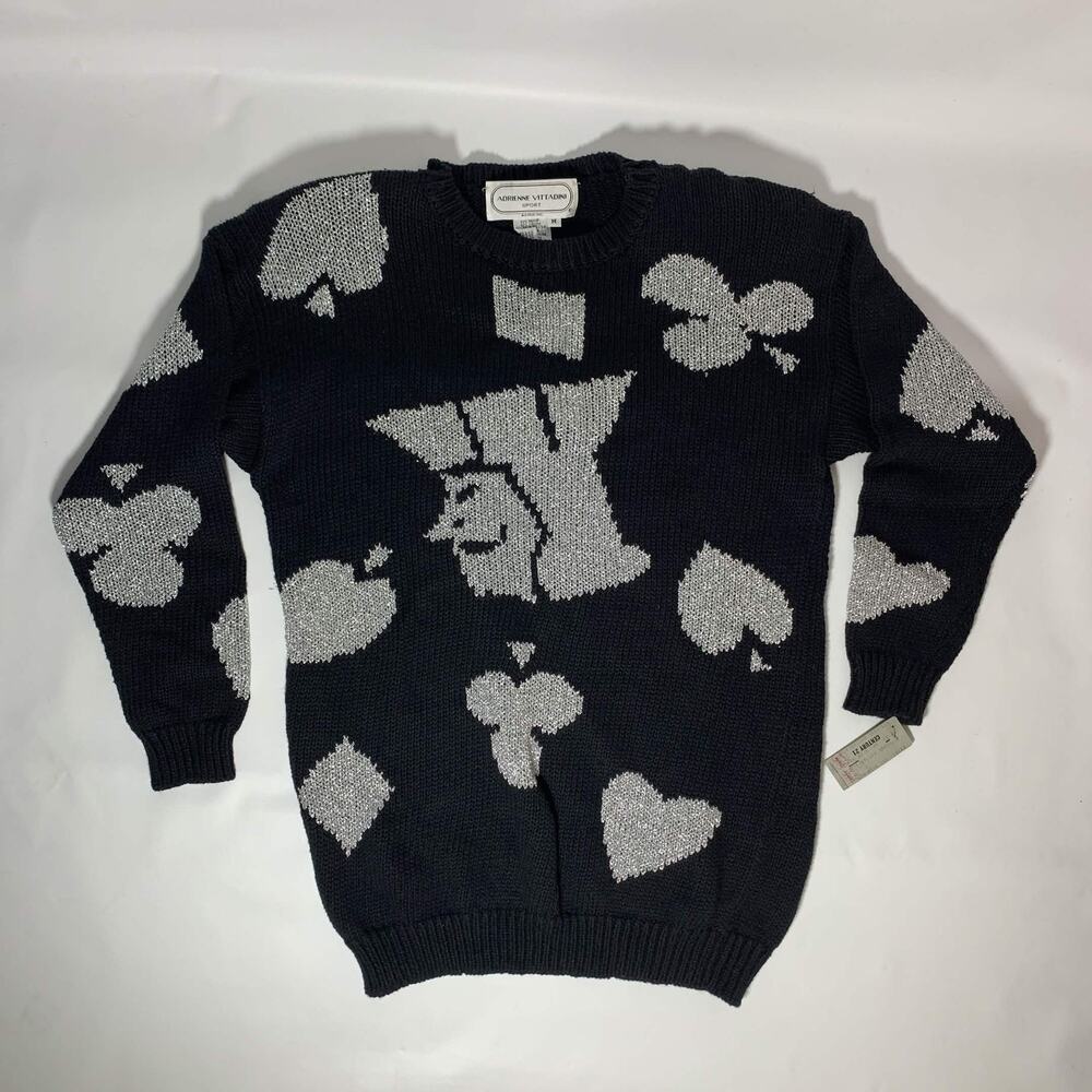 Vintage Adrienne Vittadini Sport Playing Card Sweater Womens M Black Silver